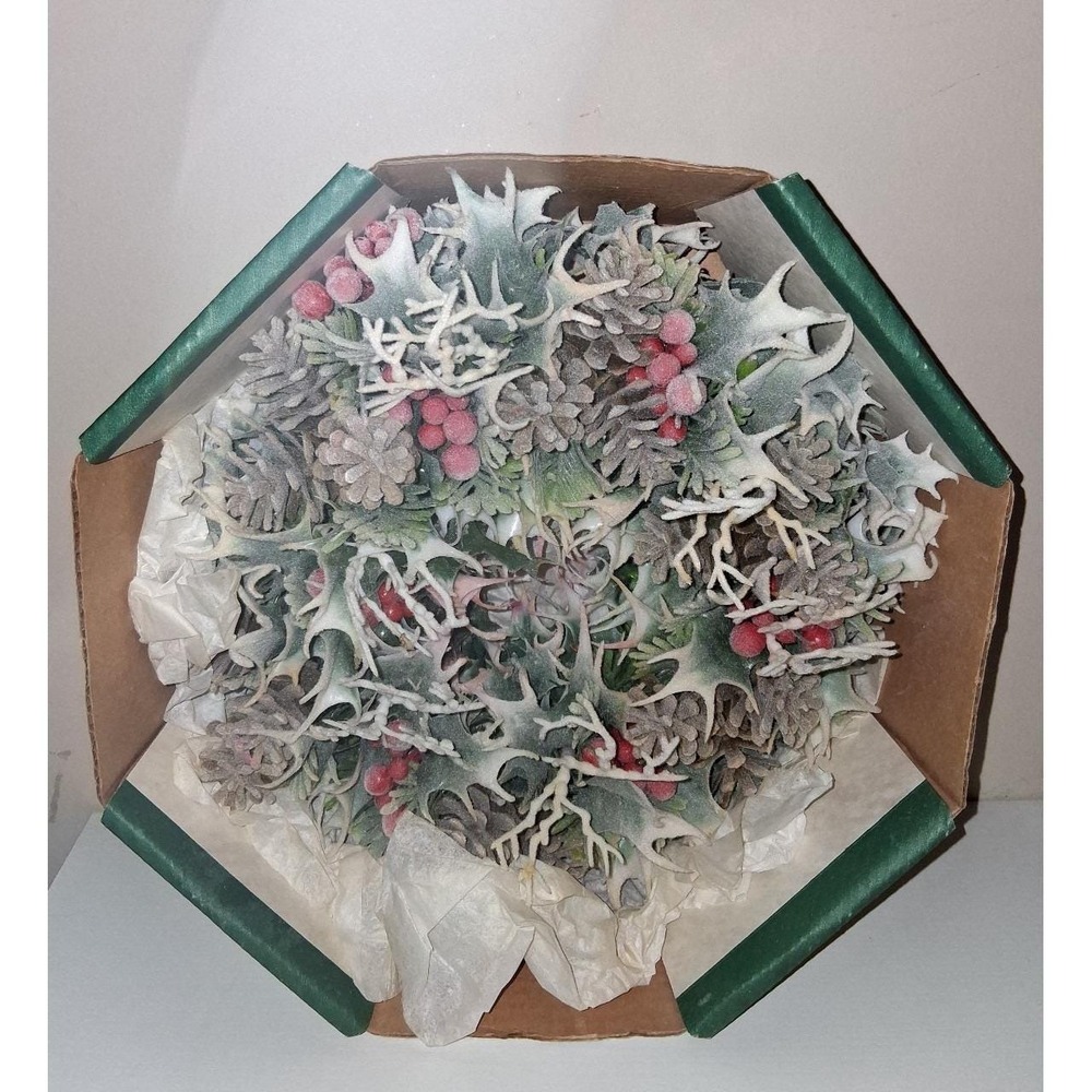 Vintage Flocked Christmas Candle Ring Centerpiece Wreath Noel Box 10" Pinecones
